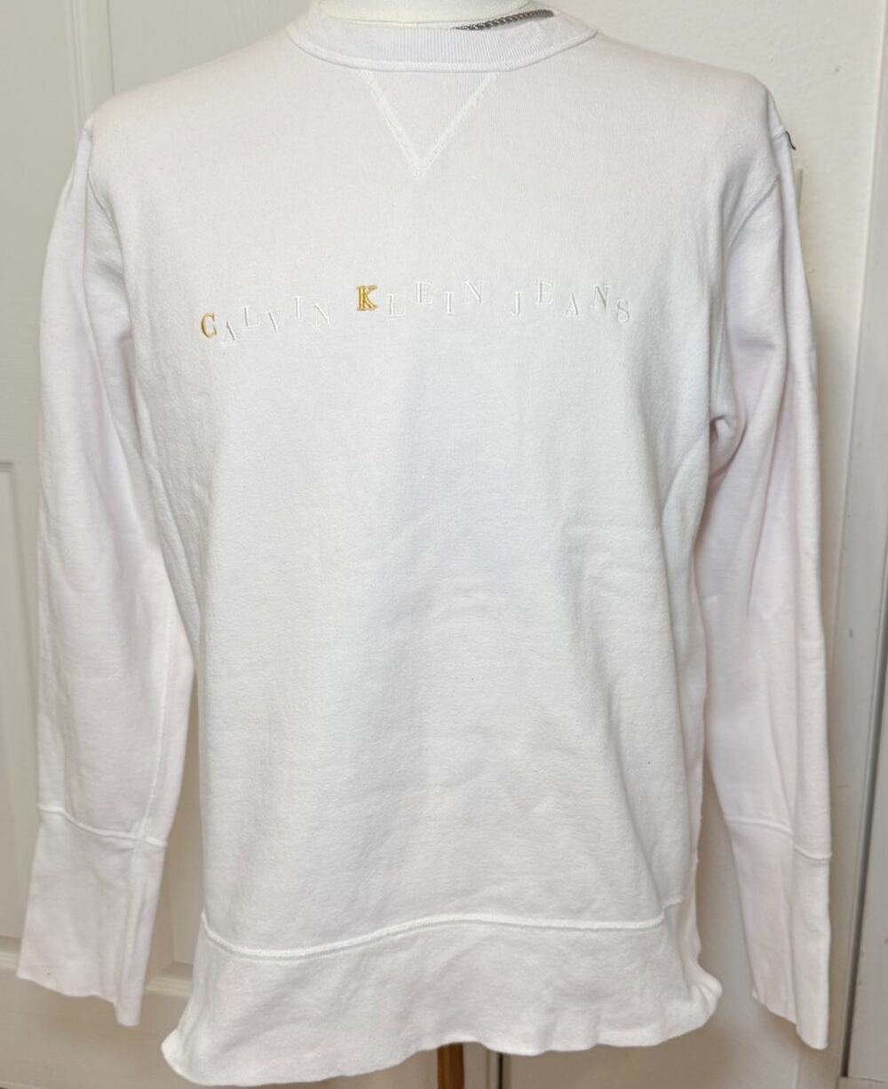 Calvin Klein Jeans White Crewneck Sweatshirt Men’s Logo Pullover Minimalist